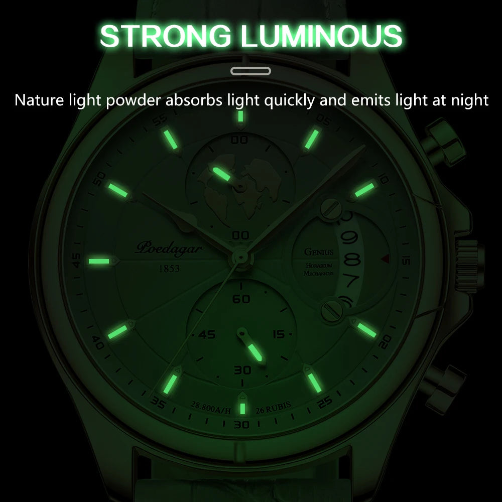 POEDAGAR Sports Casual Man Watch Date Waterproof Luminous Leather Chronograph Men's Watch Business Luxury Quartz Watches For Men
