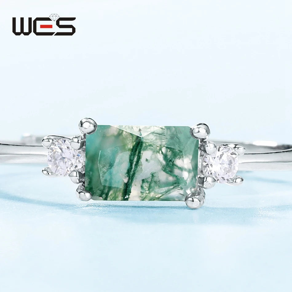 WES 925 Silver Geometric Adjustable Rings for Woman Natural Stone 4*6mm Moss Agate Crystal Wedding Gift Fine Jewelry Wholesale