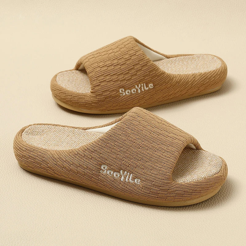 BASATU Men's Linen Slippers Breathable Open-Toe Non-Slip House Shoes Home Slippers Soft Sole Silent Shoes Cotton Linen Slippers