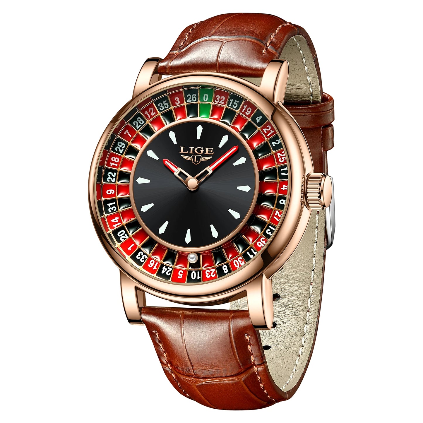 LIGE Quartz Man Watch Fashion Luxury Creative Roulette Game Dial Design Leather Casual Life Waterproof Watches for Men Gifts+Box