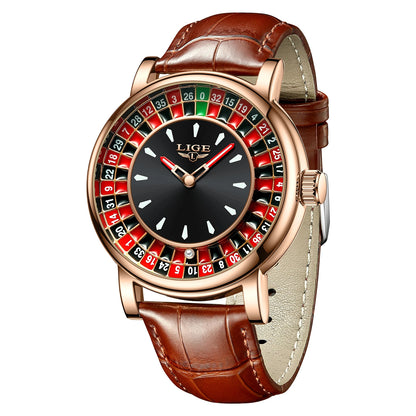 LIGE Quartz Man Watch Fashion Luxury Creative Roulette Game Dial Design Leather Casual Life Waterproof Watches for Men Gifts+Box