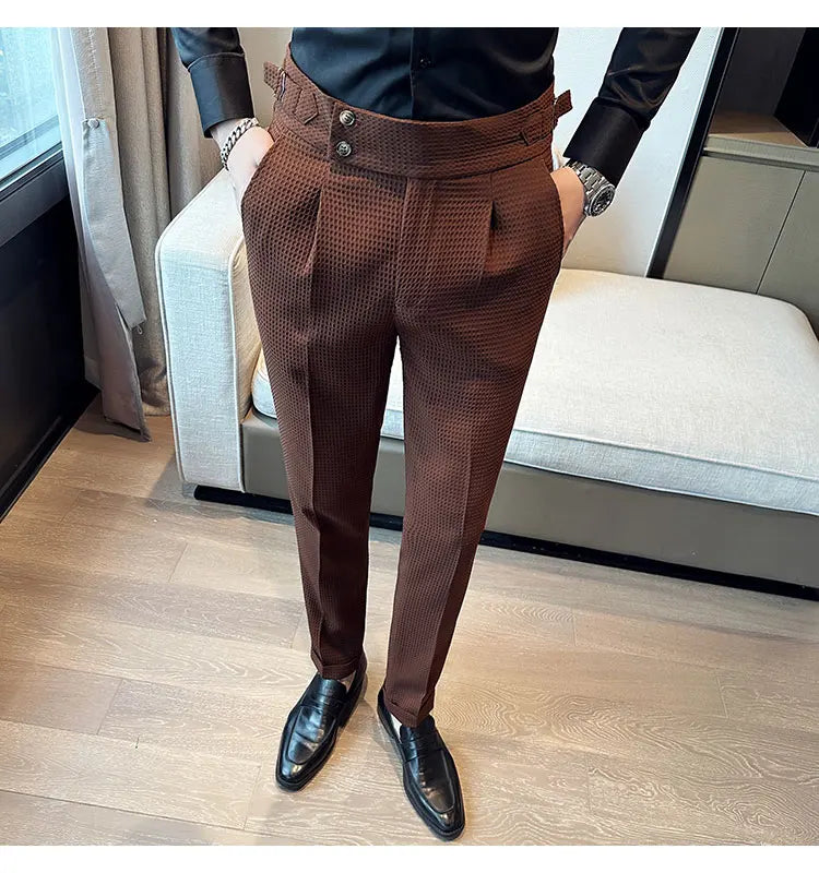 Top Brand Men Fashion Pantalones Hombre High Waist Waffle Business Casual Suit Pants Male Clothing Slim Fit Formal Wear Trousers