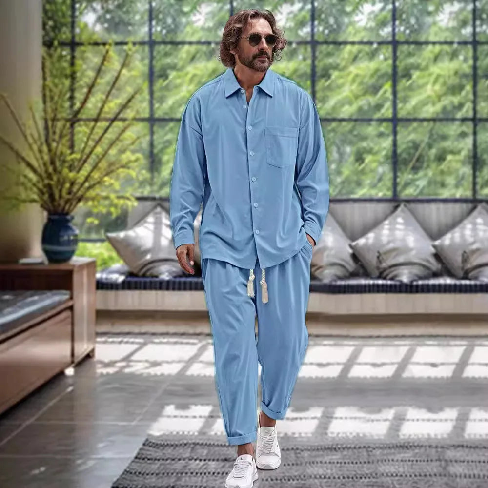Men's Long-Sleeved Two-Piece Fashion Comfortable Cotton And Linen Casual Pocket Lapel Single-Breasted Loose Street Suit
