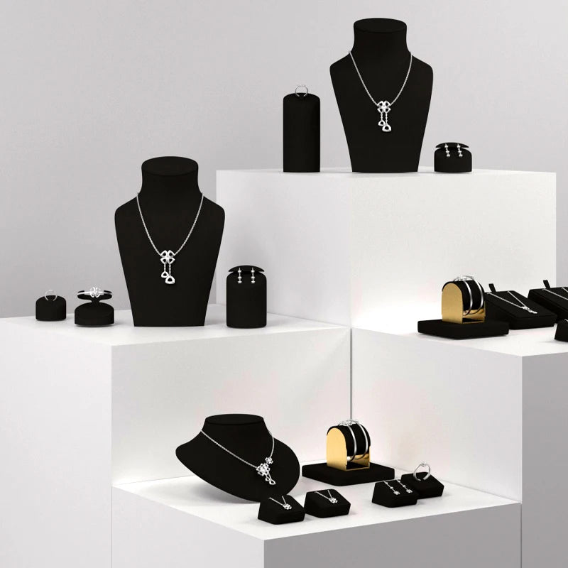 WoodTen Black Microfiber Jewelry Display Props for Shop Counter Popular Rings Earrings Necklaces Portraits Jewelry Display Stand