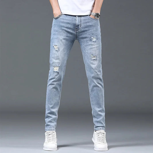 Summer Light Color Ripped Jeans for Men for Stretch Slim Straight Summer Thin Casual Long Trousers for Men Korean Style