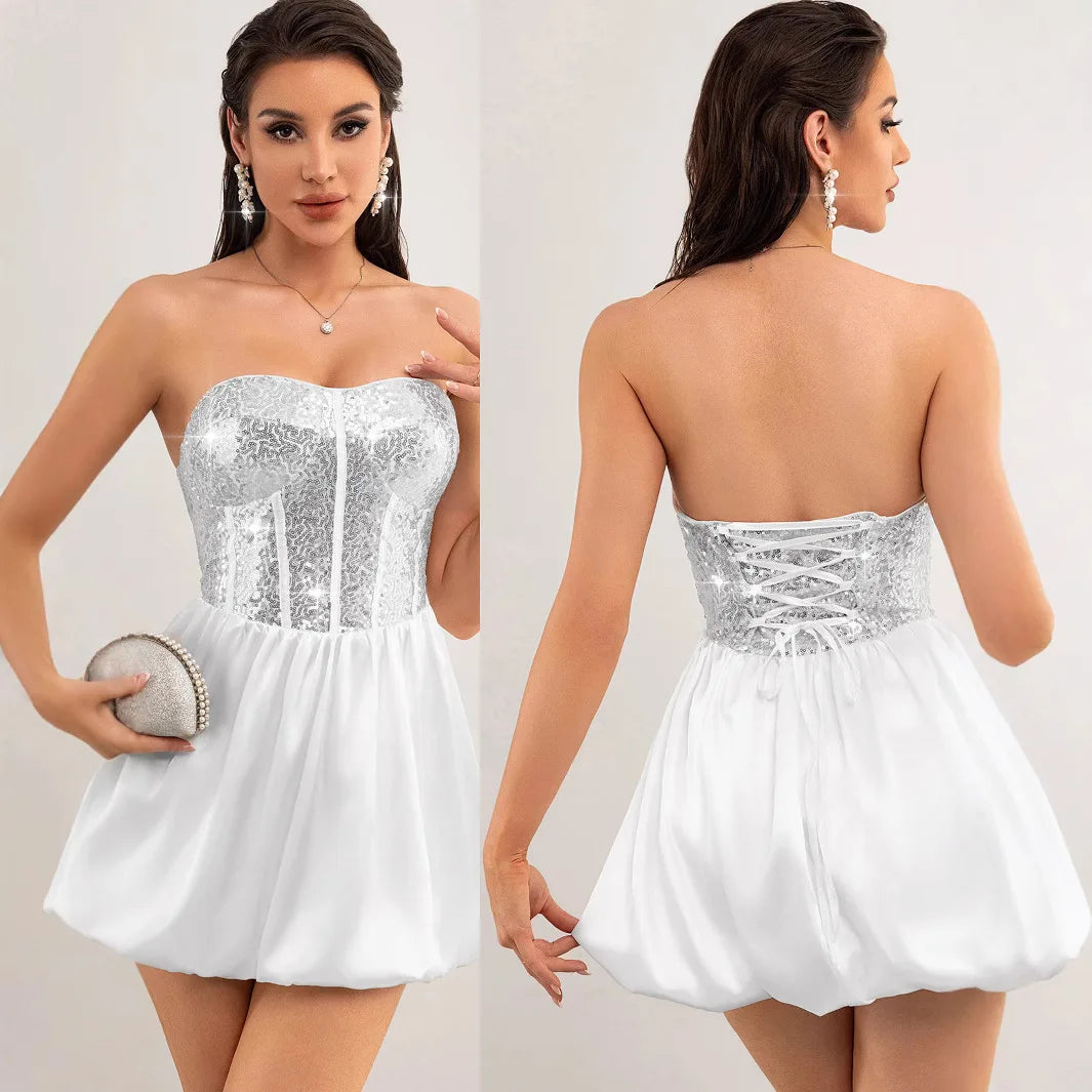 White Womens Dresses Summer 2025 Woman Clothing Elegant Party Cocktail Evening Dress Sexy Sequin Short Birthday Prom Dress XSY33