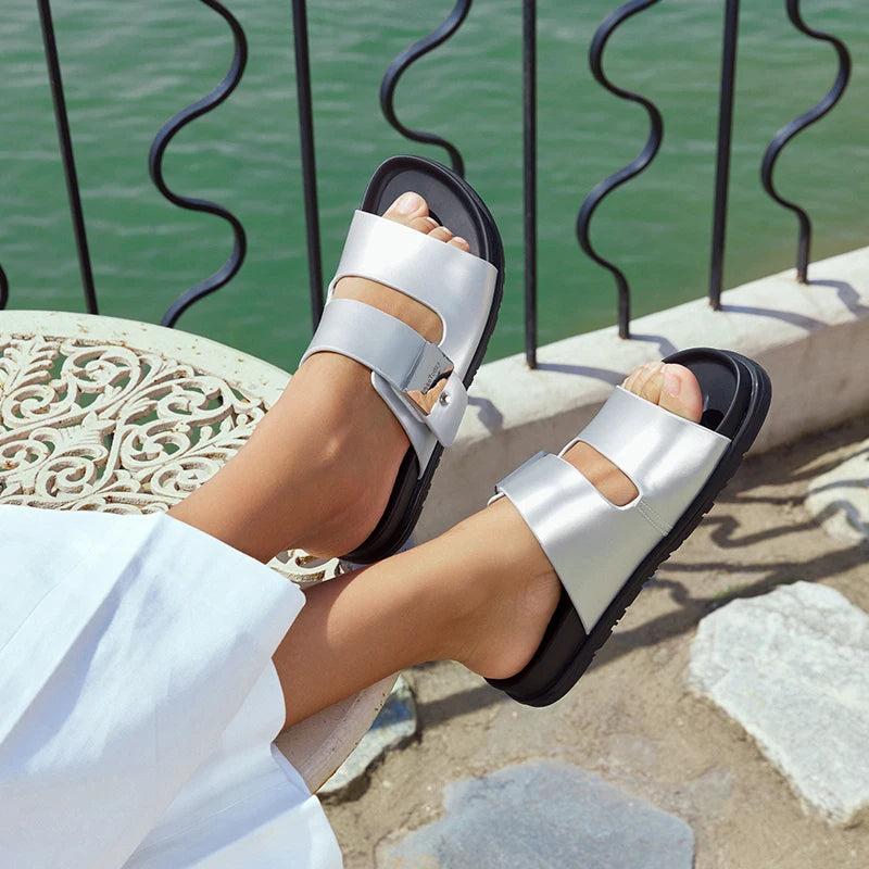 BEAUTODAY Casual Slippers Women Synthetic Leather Platform Buckle Band Roman Summer Outdoors Ladies Flat Shoes Handmade 34073
