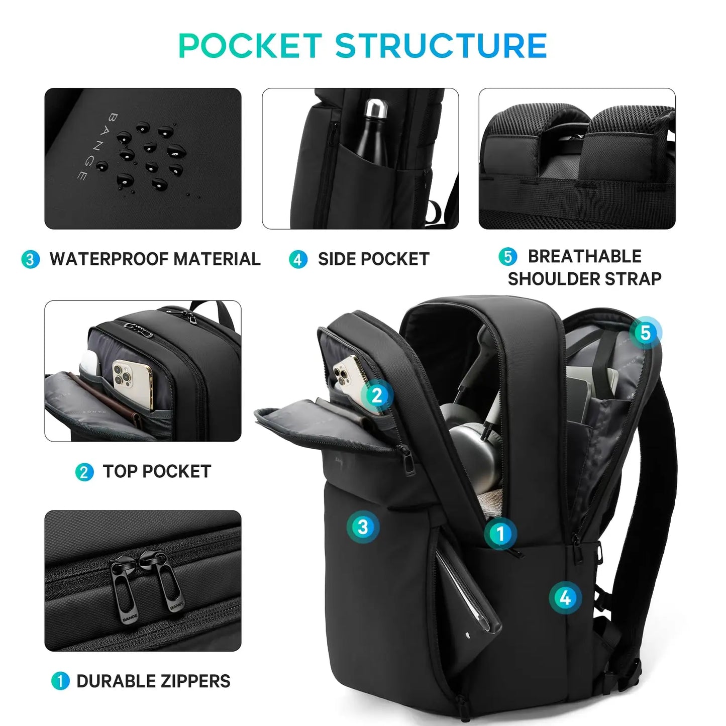 BANGE Smart Travel Backpack Business Flight Approved Carry on Backpack Large Capacity 15.6 inch Laptop Backpack for Men