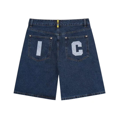 Top quality Icecream Jeans Men Trendy Elastic Edged Middle Pants Running Dog Embroidery Washed Denim Shorts Brands Pants