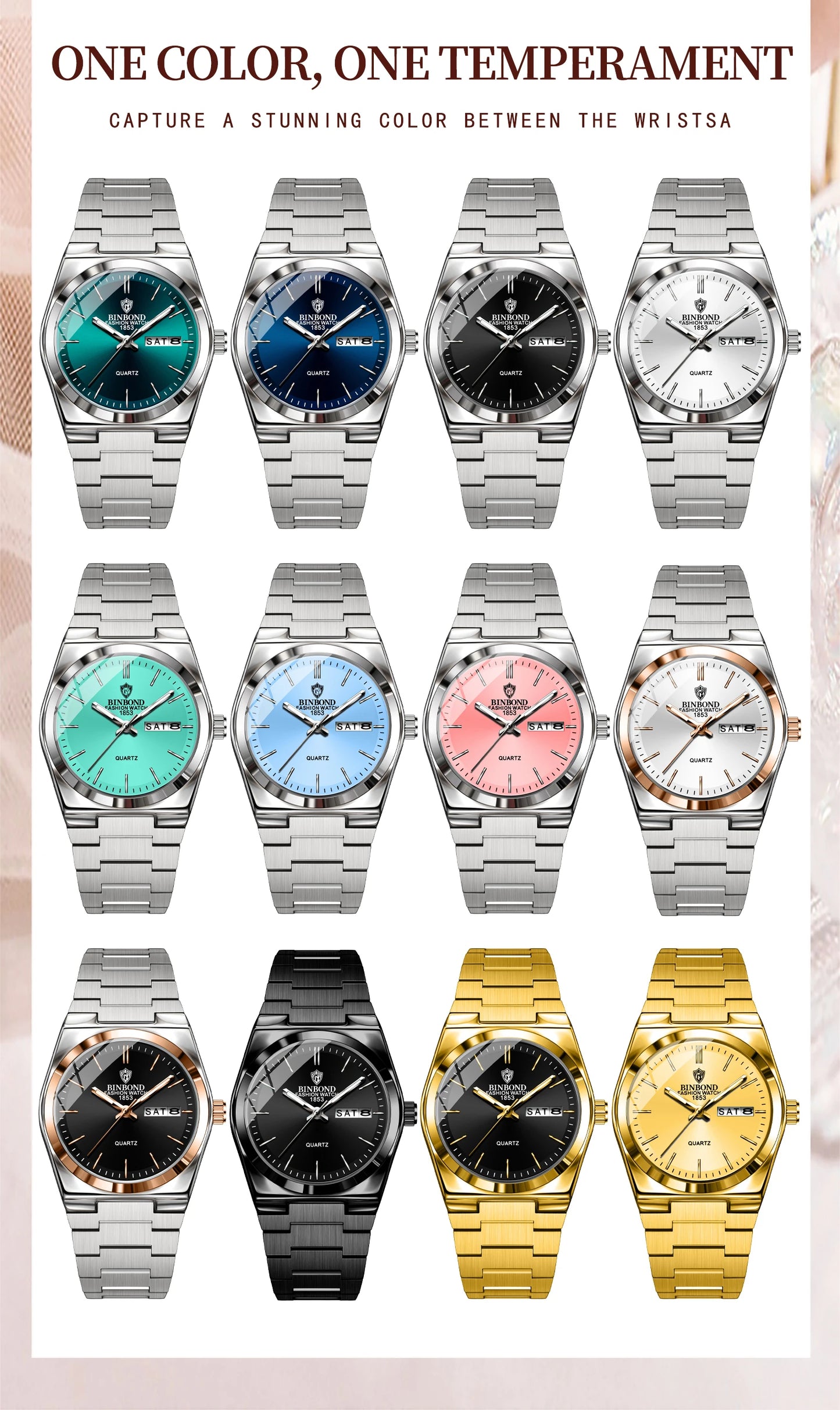 BINBOND Top Brand New 103 Fashionable Men's Quartz Watch Waterproof Night Light Dual Calendar Ultra Thin Men's Quartz Watch