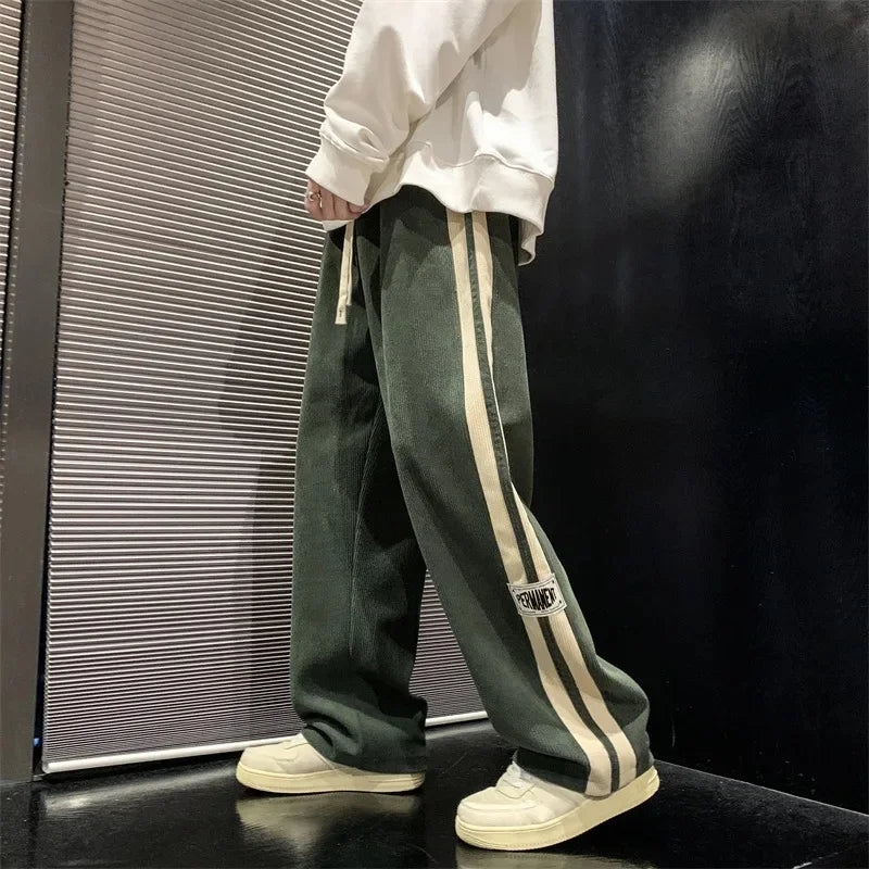 Spring Autumn Men's Corduroy Pants American Style Loose Fit Casual Striped Letter Straight Leg Couple Bell Bottoms Trendy New Mo