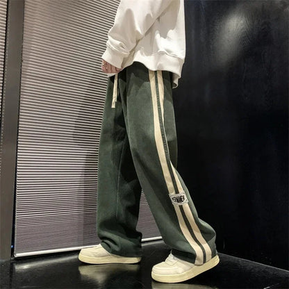 Spring Autumn Men's Corduroy Pants American Style Loose Fit Casual Striped Letter Straight Leg Couple Bell Bottoms Trendy New Mo
