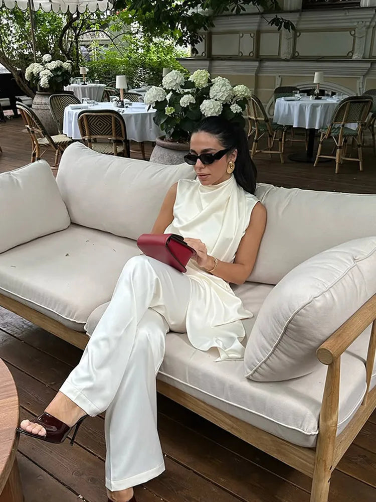 Elegant White Satin Vest Pants Suit Women Chic Sleeveless Irregular Hem Top Wide Leg Pants Set Fashion Female High Street Wear