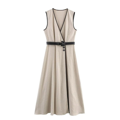 PB&ZA2025 Summer New Product Women's High End Casual and Fashionable Simple With Belt Sleeveless V-neck Medium Length Dress