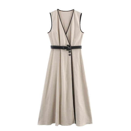 PB&ZA2025 Summer New Product Women's High End Casual and Fashionable Simple With Belt Sleeveless V-neck Medium Length Dress