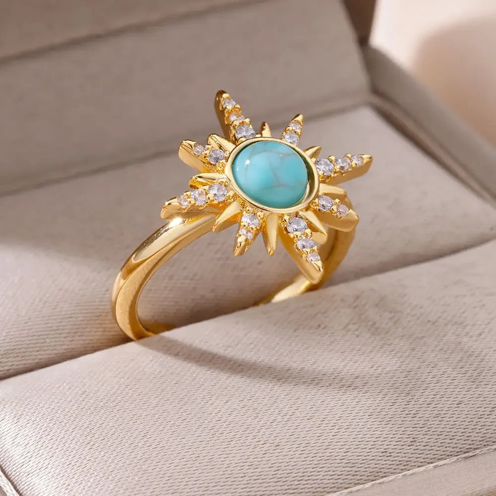 Zircon Opal Sun Rings For Women Stainless Steel Gold Plated Sun Ring Aesthetic Wedding Party Jewelry Gift Accessories BFF 2024
