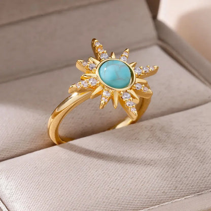 Zircon Opal Sun Rings For Women Stainless Steel Gold Plated Sun Ring Aesthetic Wedding Party Jewelry Gift Accessories BFF 2024