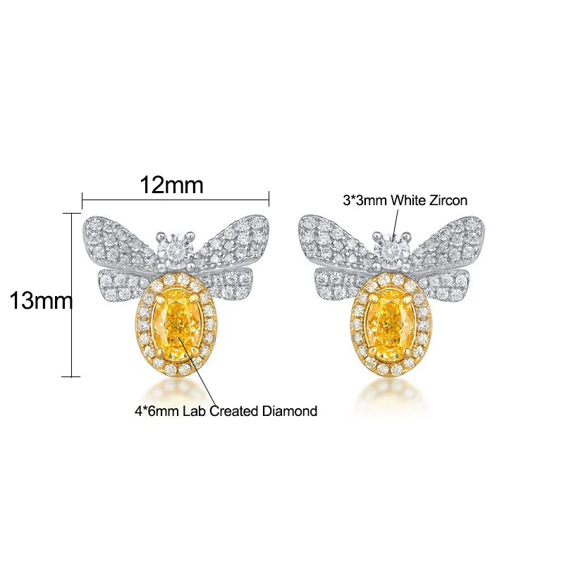 ALLNOEL 925 Sterling Silver Stud Earrings For Women Oval 4*6mm Yellow High Carbon Diamond Bee Jewelry Wedding Gift Wholesale