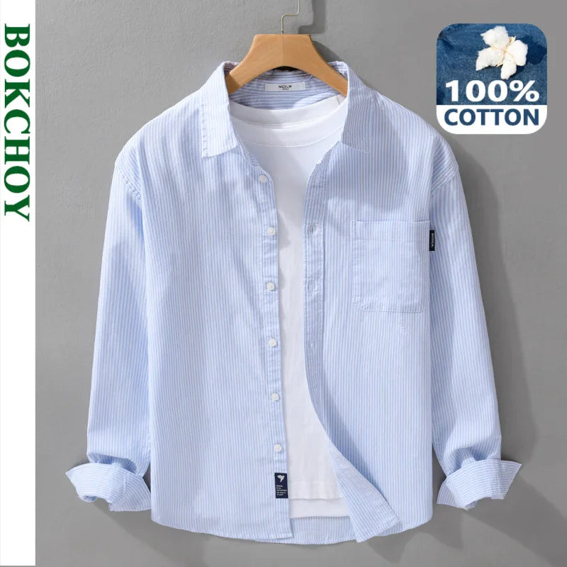 Simple Striped 100% Cotton Shirts for Men Clothing Casual Big Pocket Long Sleeve Men Shirts FY9920
