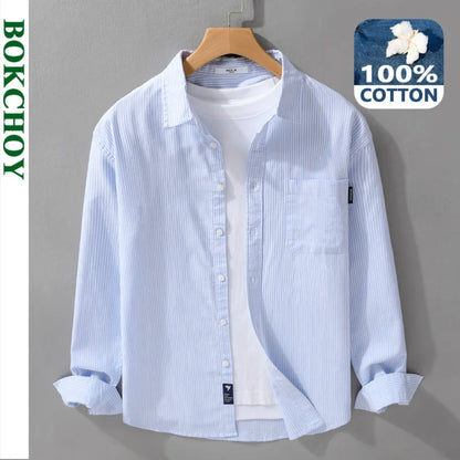 Simple Striped 100% Cotton Shirts for Men Clothing Casual Big Pocket Long Sleeve Men Shirts FY9920