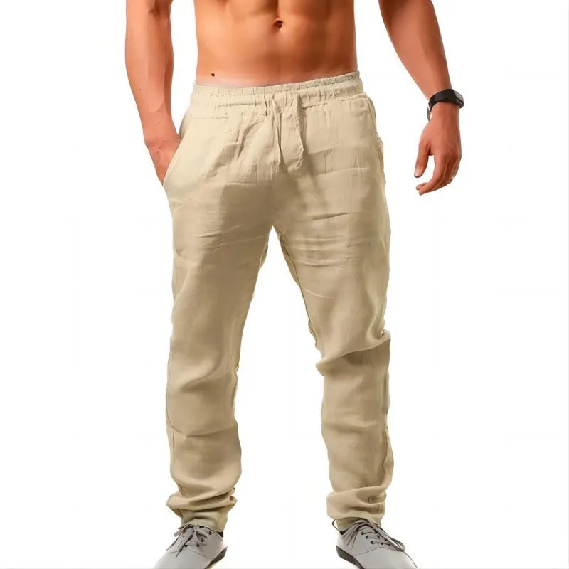 Pantalones largos de lino y algodón para hombre calzas transpirables de Color sólido informales con cintura elástica estilo