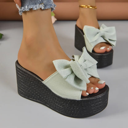 Platform Bowknot High Heels Slippers Women's Wedding Shoes Summer 2025 Casual White Black Slides Ladies Beach Pantuflas De Mujer