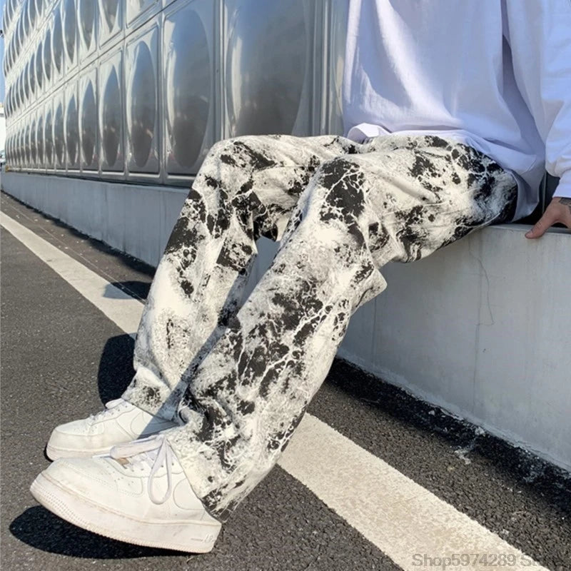 Mens Jean Fashion Printed jeans Spring 2024 Mopping Trousers Jeans Korean Style High Street Loose Hip Hop Wide-leg Jean Pants