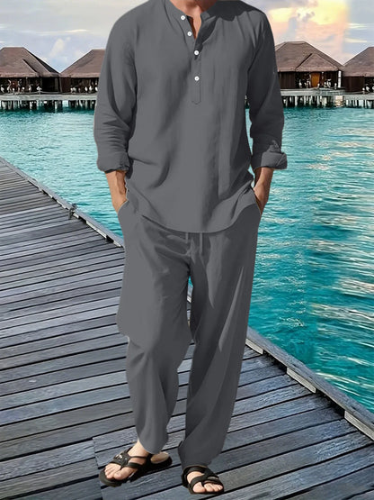 Men's Shirt Pants Suit Summer Breathable Beach Hawaiian Vacation Casual Long Sleeves Set Solid Color Loose Jogging Trousers