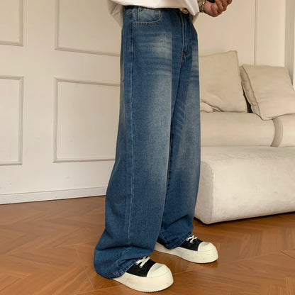 Summer Men's Denim Pants Old Blue Washed Male Baggy Jeans Four Seasons Straight Casual Menwear Loose Wide Leg Trousers Fashion