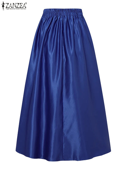2025 ZANZEA Elegant High Waist Party Satin Skirts Summer Women Fashion A-line Work OL Skirt Jupe Vestidos Solid Midi Faldas Saia