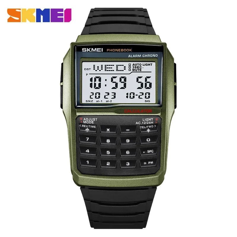 SKMEI 2255 Dual Time Sports calculator Watch for Men Countdown Casual Phone Book Digital Mens Wristwatches Montre Homme 1278