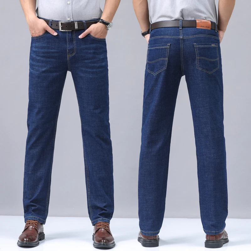 Men's new business casual jeans, comfortable, slightly elastic, mid high waist, classic blue jeans