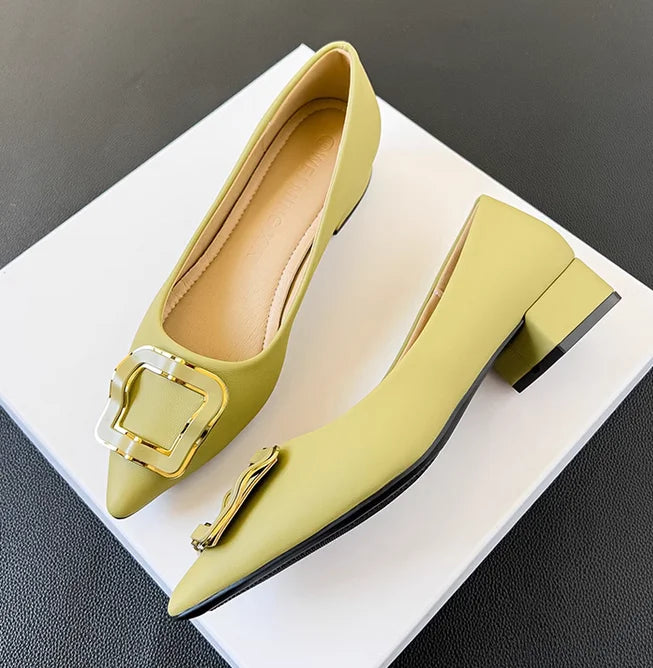 Womens Shoes Super Big Size 45 3cm Block Working Heels Pumps Pointy Toe Microfiber Soft Leather Slip-On Green Royal Blue Newest