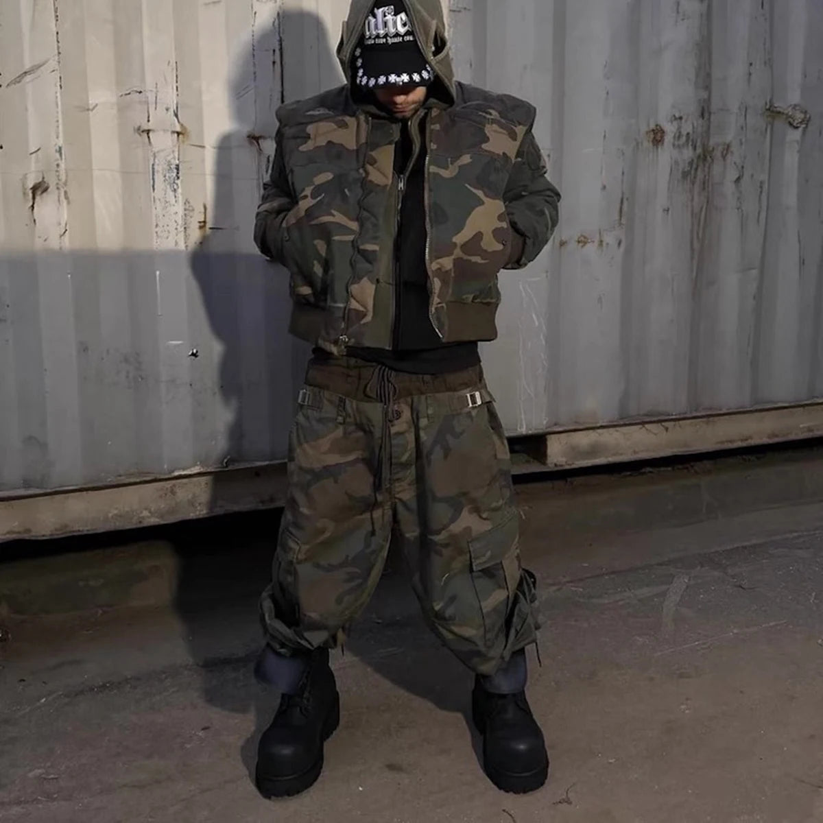 Three Waisted Camouflage Cargo Pants for Men Streetwear Patchwork Baggy Jeans Wide Leg Casual Loose Denim Trousers Oversized