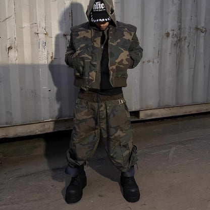 Three Waisted Camouflage Cargo Pants for Men Streetwear Patchwork Baggy Jeans Wide Leg Casual Loose Denim Trousers Oversized