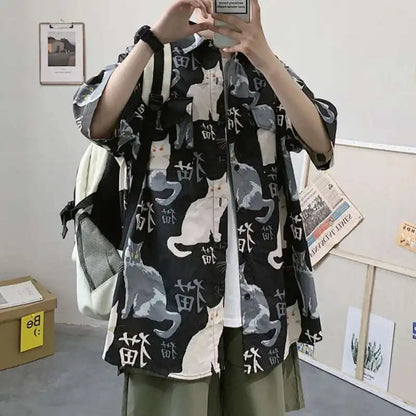 Mens Cute Shirt Black Cats Print Shirts Short Sleeves Summer Lapel Neck Buttons Cartoon Shirt Beachwear Tops Camisa Harajuku Top