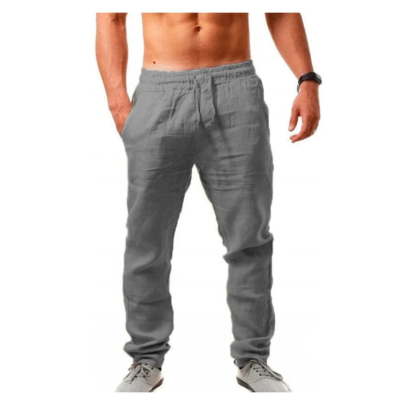 Pantalones largos de lino y algodón para hombre calzas transpirables de Color sólido informales con cintura elástica estilo