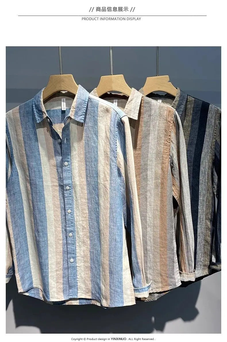 Autumn Striped Contrast Color Long Sleeve Shirt Men Breathable Loose Casual Retro Linen Shirt
