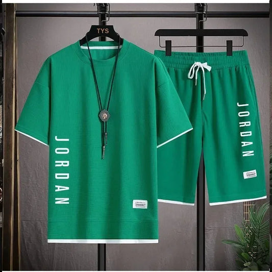 Leisure sports suit men's new summer fashion outdoor basketball jogging men's round neck short-sleeved T-shirt shorts 2 sets