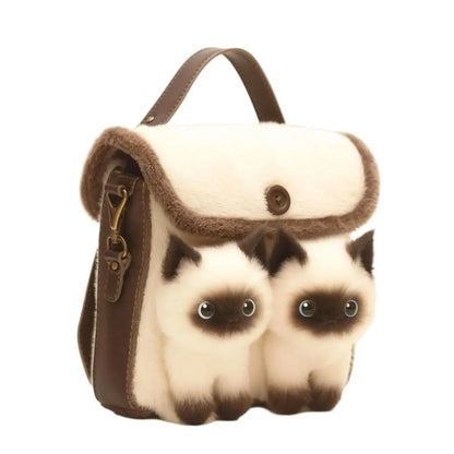 2025 Cute Plush Backpack Student Schoolbag Fashion Cartoon Furry Cat Bag Adorable Kitten Handbag for Woman Kids