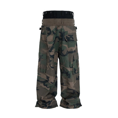 Three Waisted Camouflage Cargo Pants for Men Streetwear Patchwork Baggy Jeans Wide Leg Casual Loose Denim Trousers Oversized
