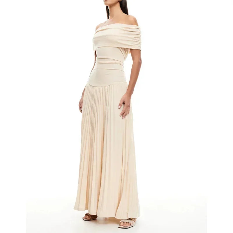 Elegant scoop neck pleated dress for women, slim party dresses for women, educational fashion, chic, summer, 2025