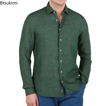 2025 Fashion Streetwear Men's Summer Comfy Cotton Linen Casual Suit Long-sleeved Shirt and Shorts Two-pieces Men Vacation Outfit