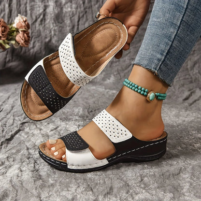 2025 New Ladies' Contrasting Wedge High-heeled Sandals, Casual Open Toed Thick Soled Shoes, Comfortable Ankle Strap Sandals