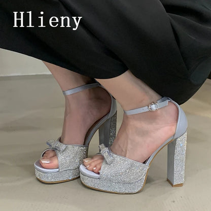Hlieny Fashion Bowknot Crystal Open Toe Platform Sandals Women Summer Chunky Buckle Strap Square High Heels Party Dress Shoes