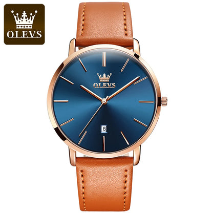 OLEVS 5869 Ultra Thin 6.5mm Quartz Watch for Men Fashion Leather Strap Simple Luxury Auto Date Clock Waterproof Men's Wristwatch