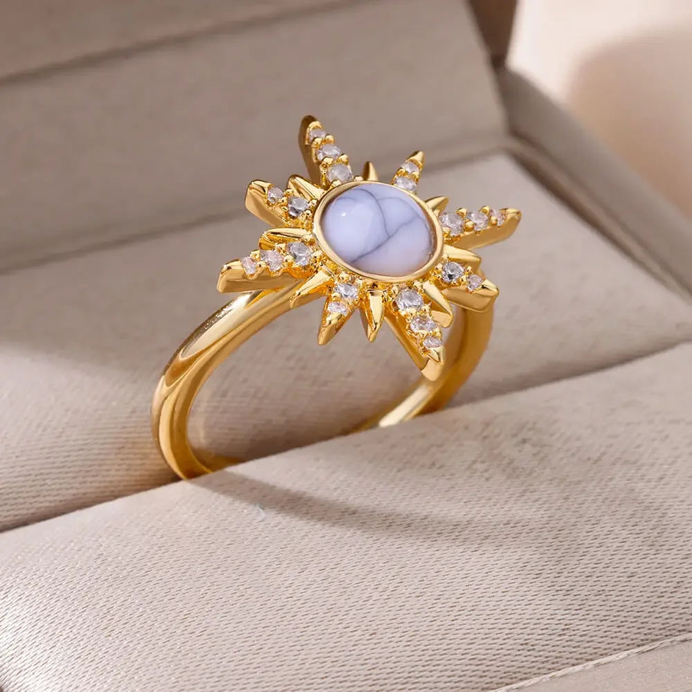 Zircon Opal Sun Rings For Women Stainless Steel Gold Plated Sun Ring Aesthetic Wedding Party Jewelry Gift Accessories BFF 2024