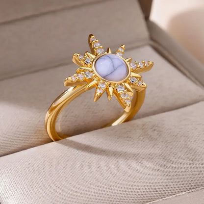 Zircon Opal Sun Rings For Women Stainless Steel Gold Plated Sun Ring Aesthetic Wedding Party Jewelry Gift Accessories BFF 2024