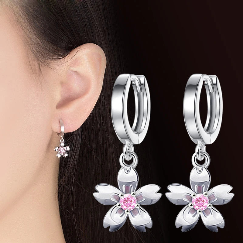 Simple Fashion 925 Sterling Silver Earrings For Women Cute Pink/White Zircon Cherry Blossoms Drop Earrings Pendientes