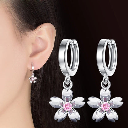 Simple Fashion 925 Sterling Silver Earrings For Women Cute Pink/White Zircon Cherry Blossoms Drop Earrings Pendientes